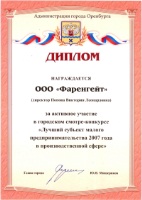 Диплом за активное участие в городском смотре-конкурсе «Лучший субъект малого предпринимательства 2007 года в производственной сфере»